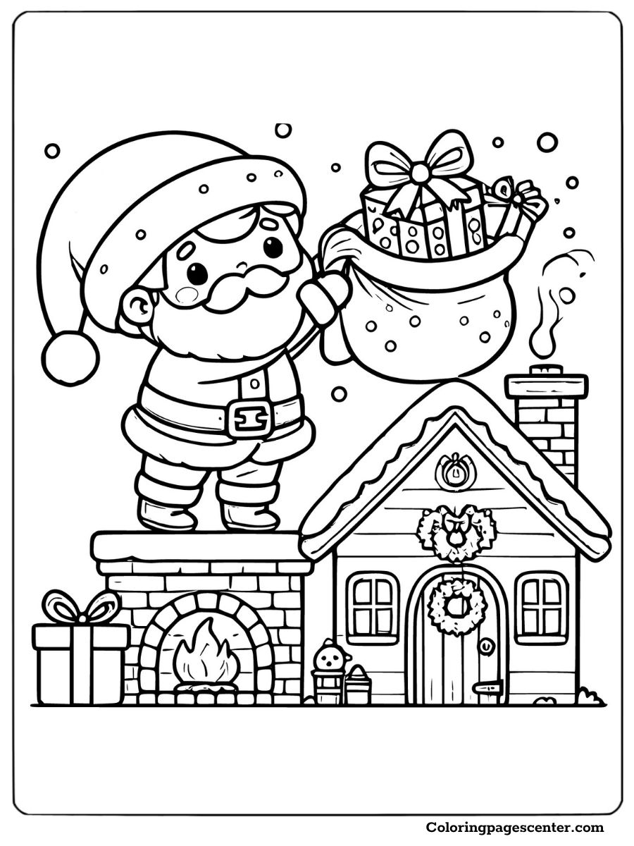 Santa carrying gift sack on snowy rooftop coloring page