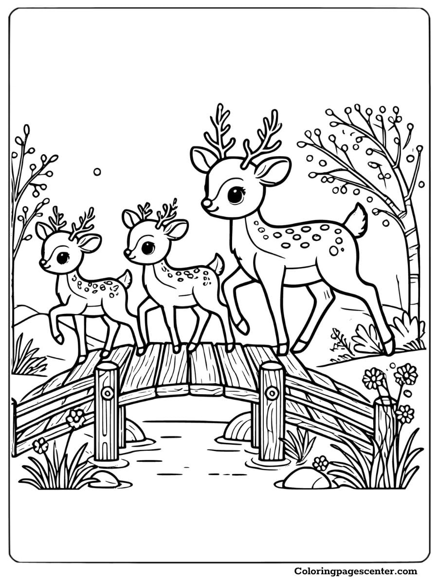 Deer family walking on a wooden bridge coloring page