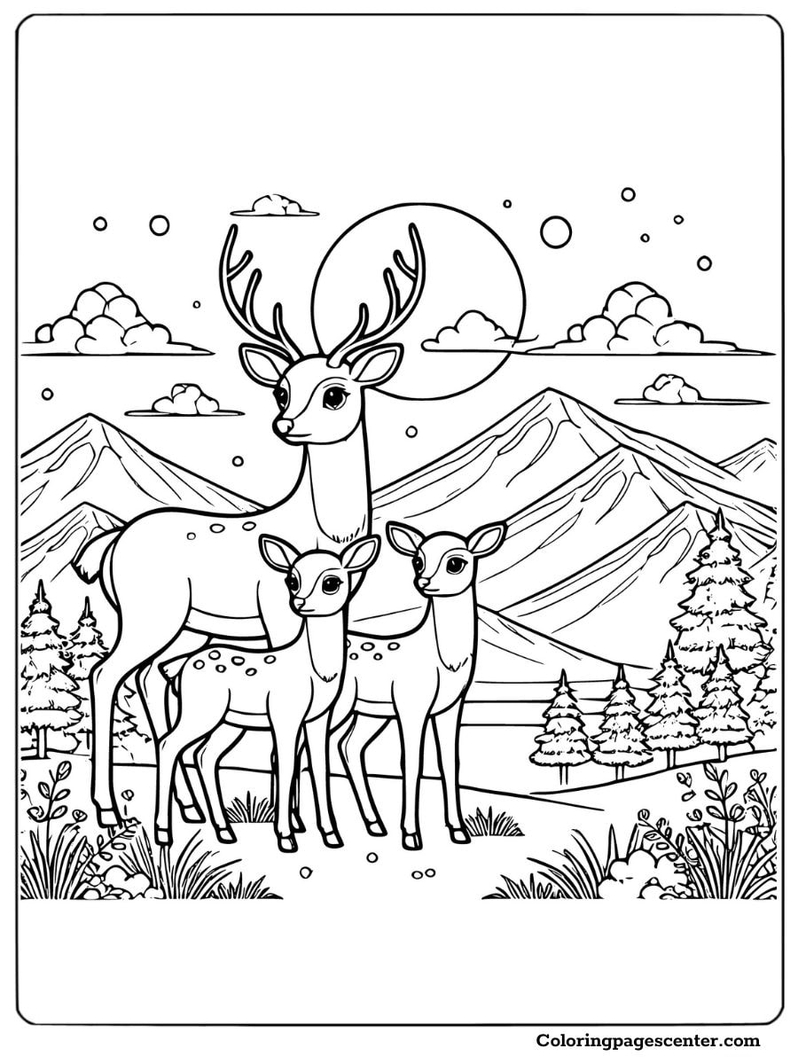 Deer family near mountains and trees coloring page