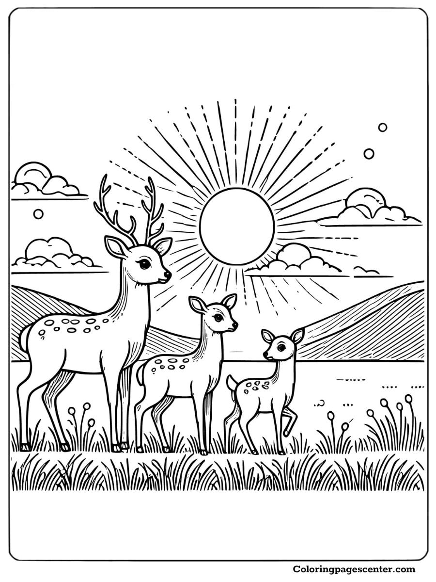 Coloring page of a deer family standing under the sun