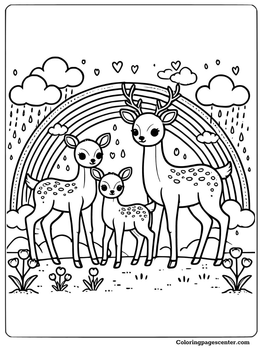 Coloring page of a deer family and rainbow scene