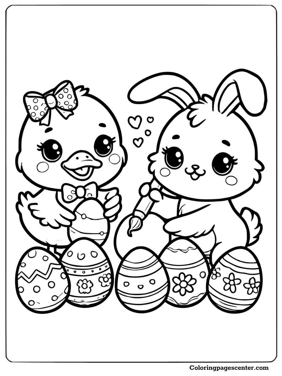 A duck and a bunny decorating colorful Easter eggs together coloring page