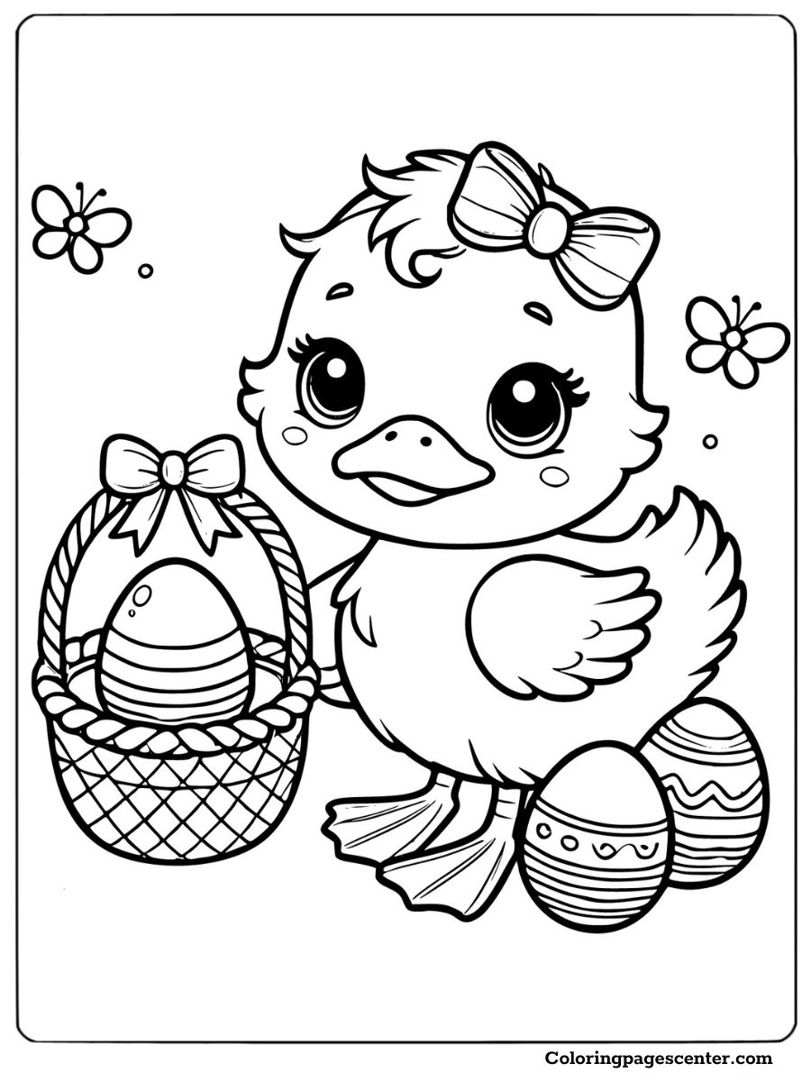 A charming duck holding a basket full of Easter eggs coloring page