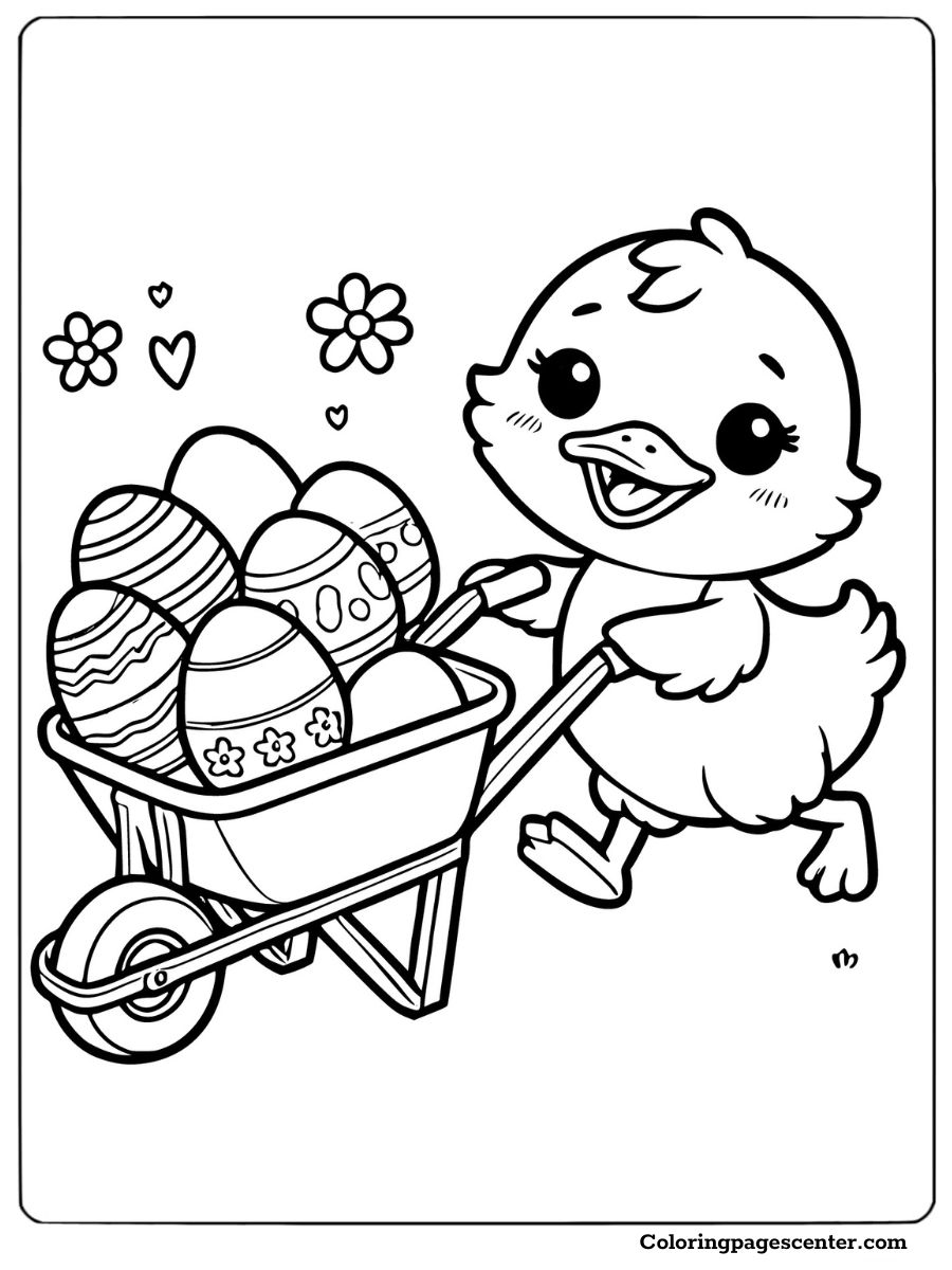 A happy Easter duck pushing a wheelbarrow of decorated eggs coloring page