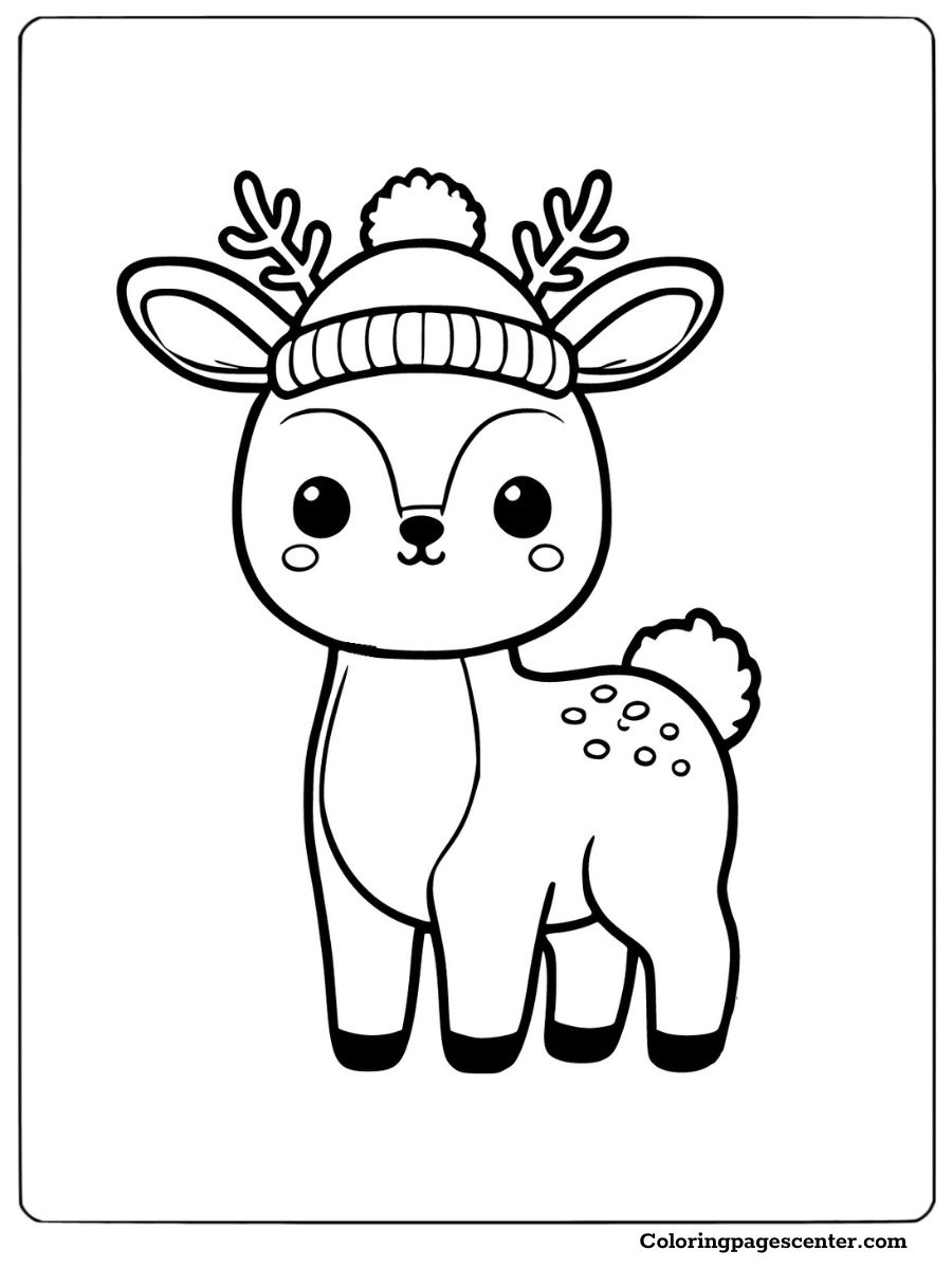 Coloring page of an easy deer with a winter hat and antlers