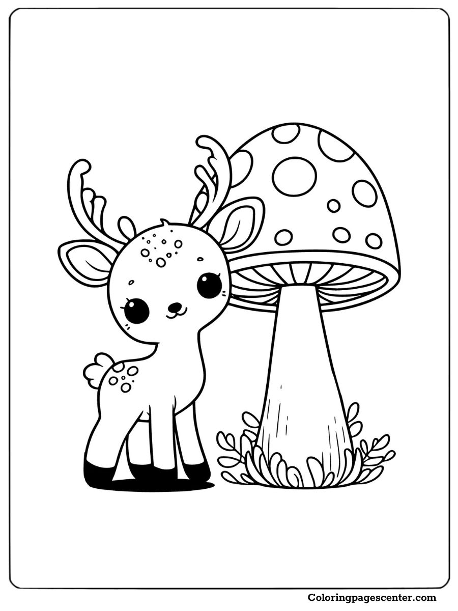 Easy deer and a large mushroom in a playful scene coloring page