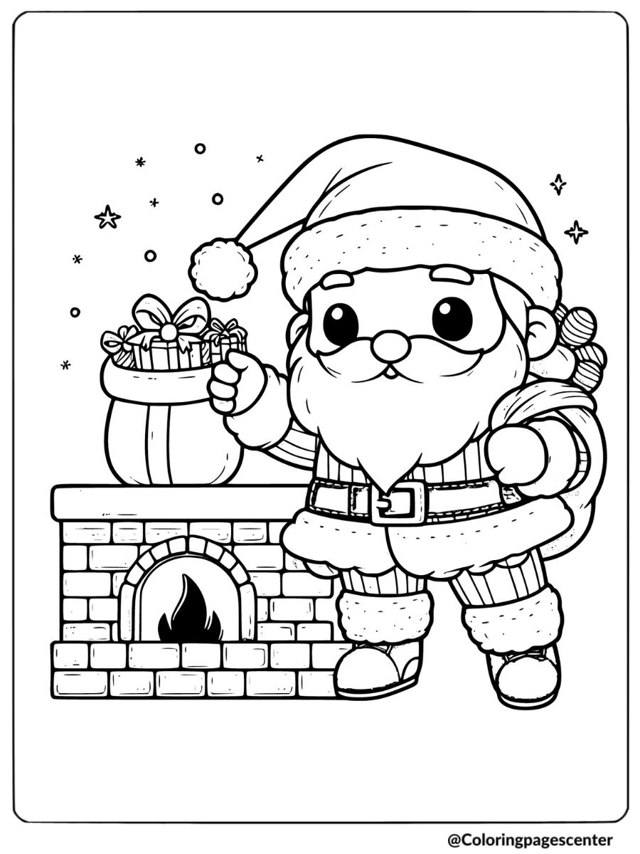 Santa standing by a fireplace easy coloring page