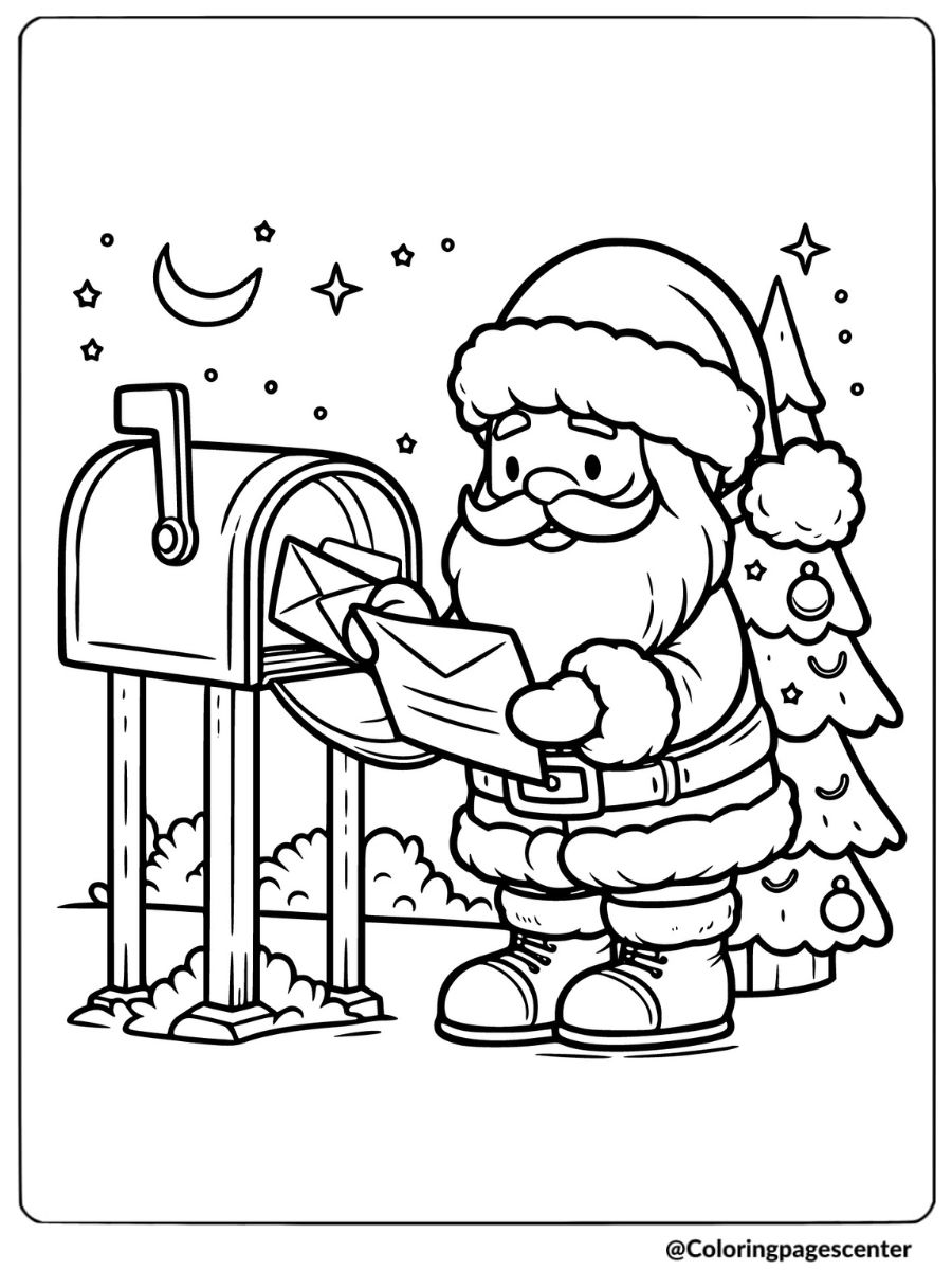 Santa checking letters by mailbox coloring page