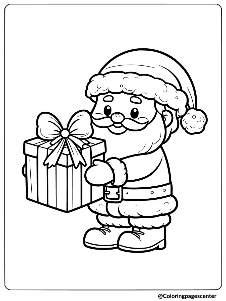 Santa holding a wrapped gift easy coloring page