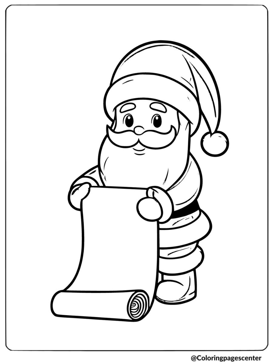 Santa coloring page featuring a Christmas list in his hands