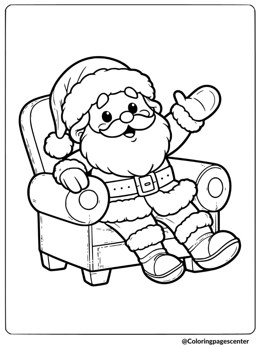 Santa waving from a chair fun coloring page