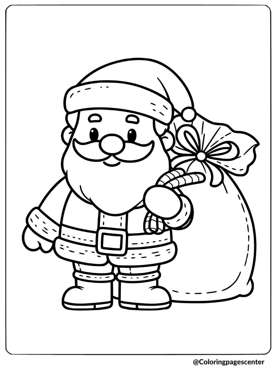 Cute Santa carrying a gift sack coloring page