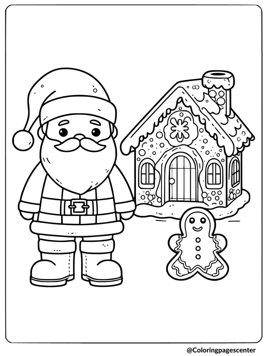 Easy Santa coloring page with a gingerbread house and cookie