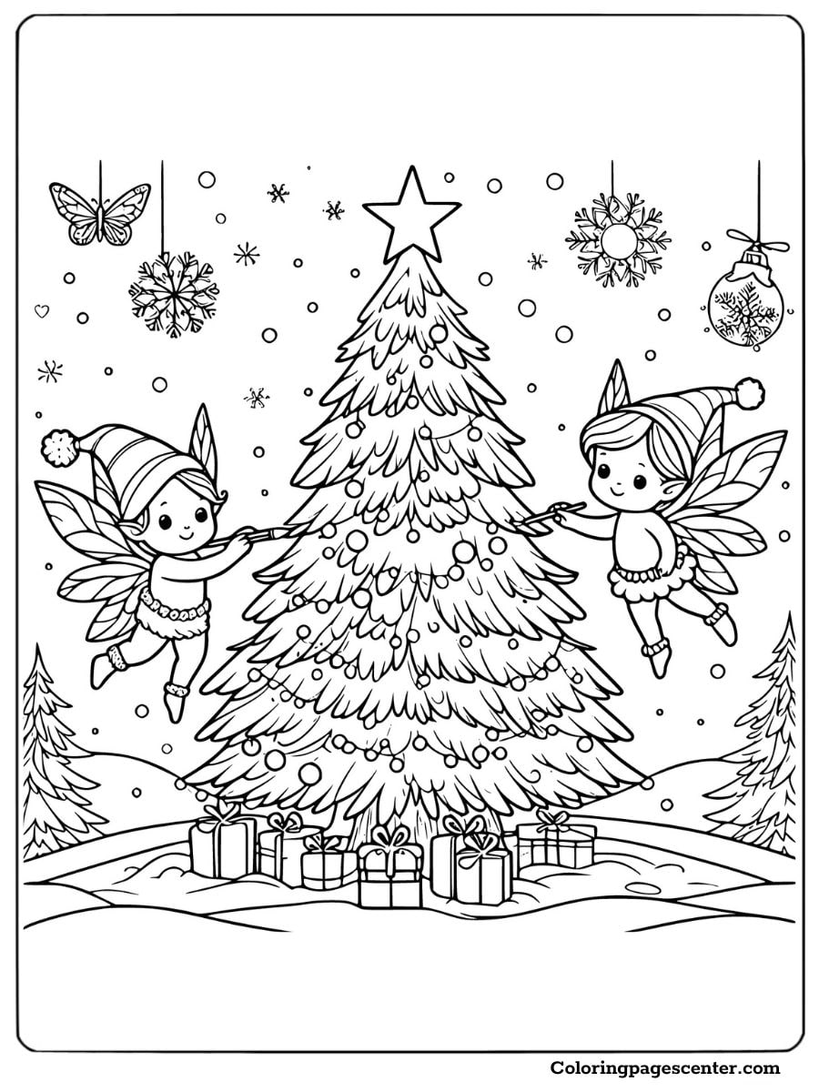 Fairies adding decorations to Christmas tree coloring page