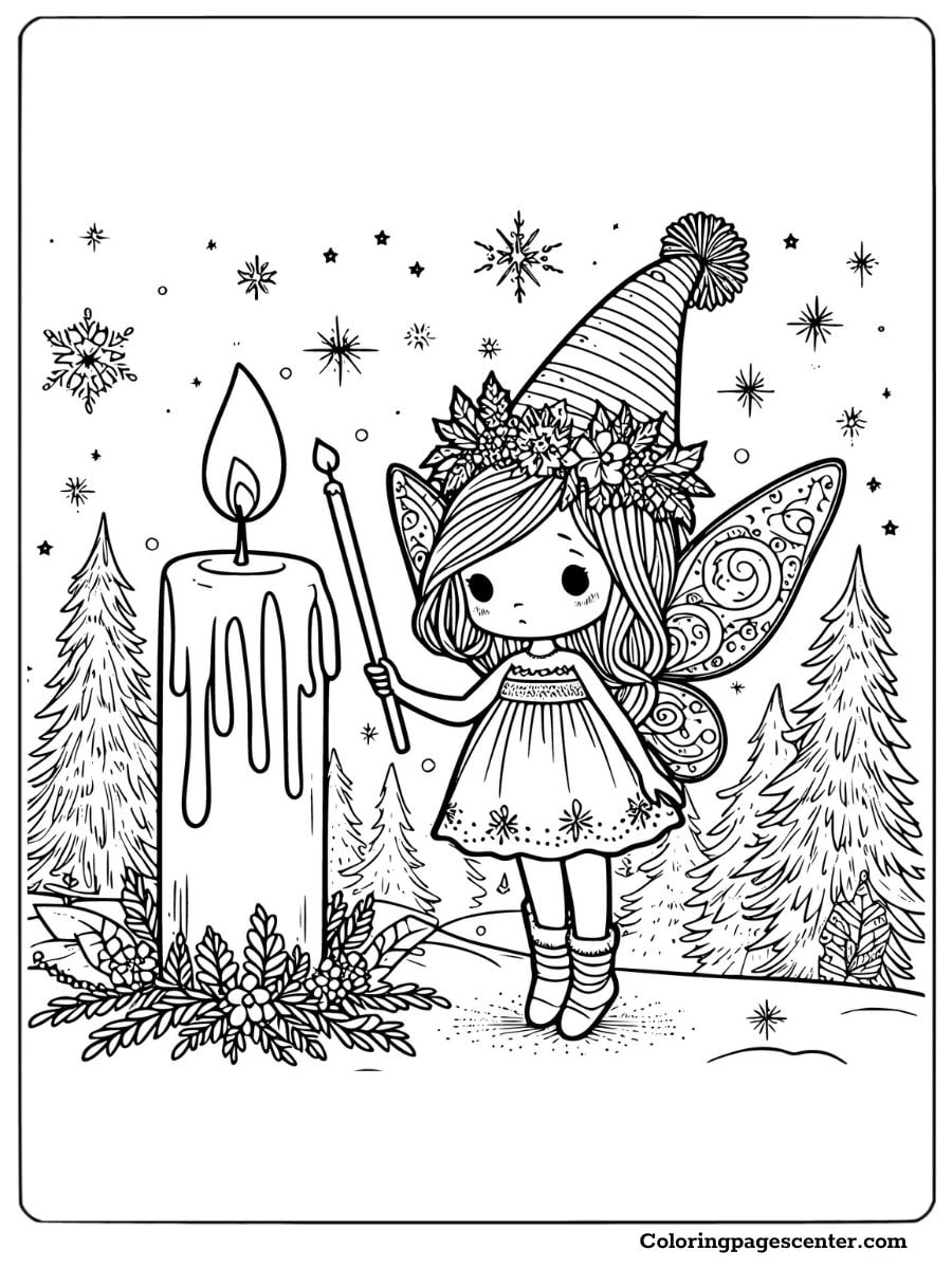 Christmas fairy lighting a candle in winter forest coloring page