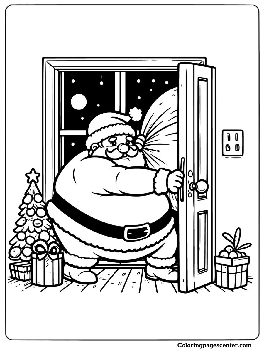 Big Santa stepping into a home with gift sack coloring page