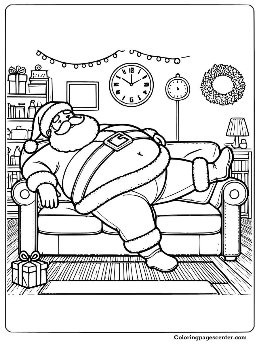 A chubby Santa relaxing on a couch coloring page