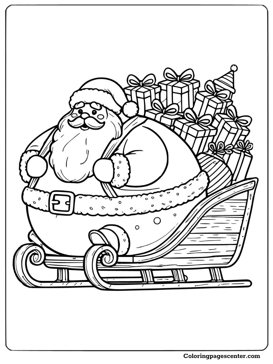 A chubby Santa on a sleigh full of gifts coloring page