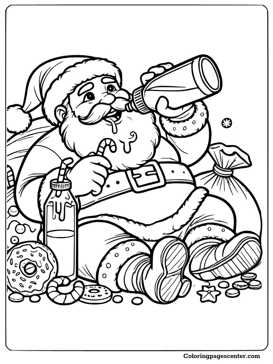 Fat Santa enjoying cookies and milk coloring page