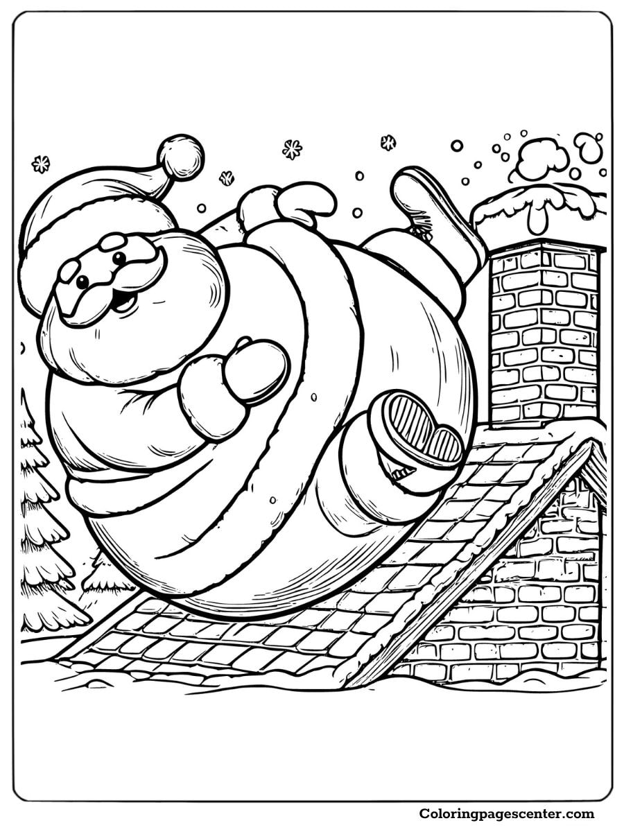 Heavy Santa humorously sliding off a roof coloring page