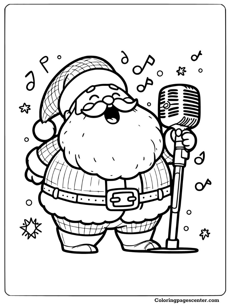 Jolly Santa singing into a microphone coloring page