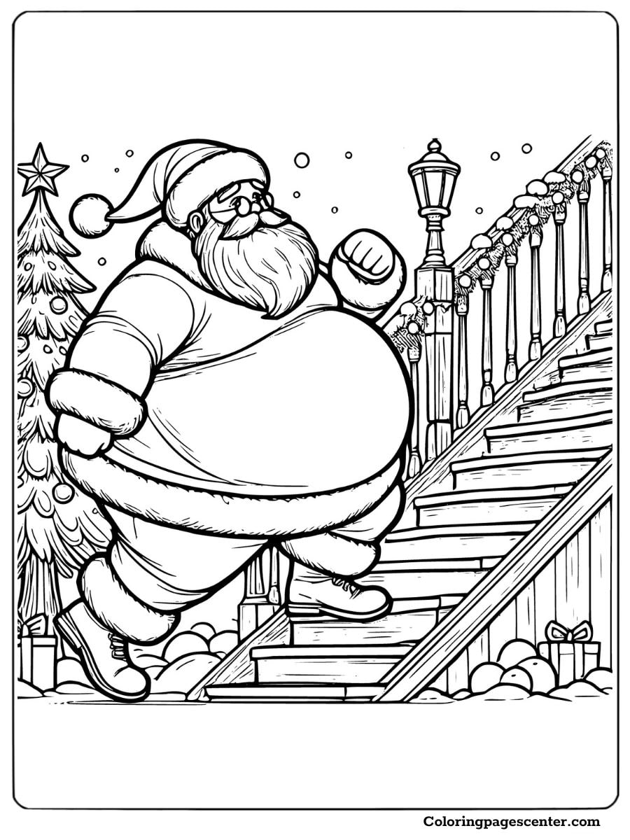 Overweight Santa climbing stairs coloring page