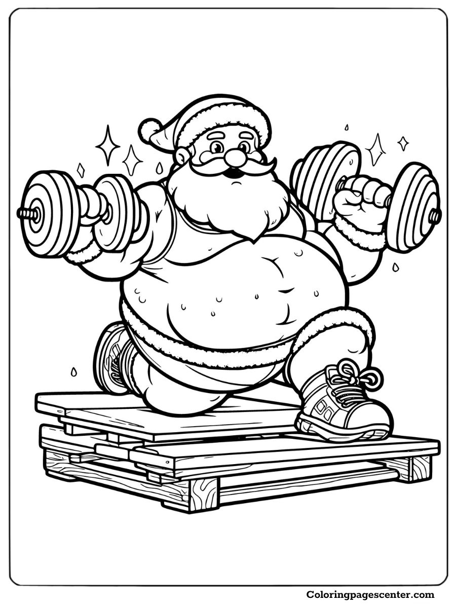 Plump Santa lifting weights and exercising coloring page