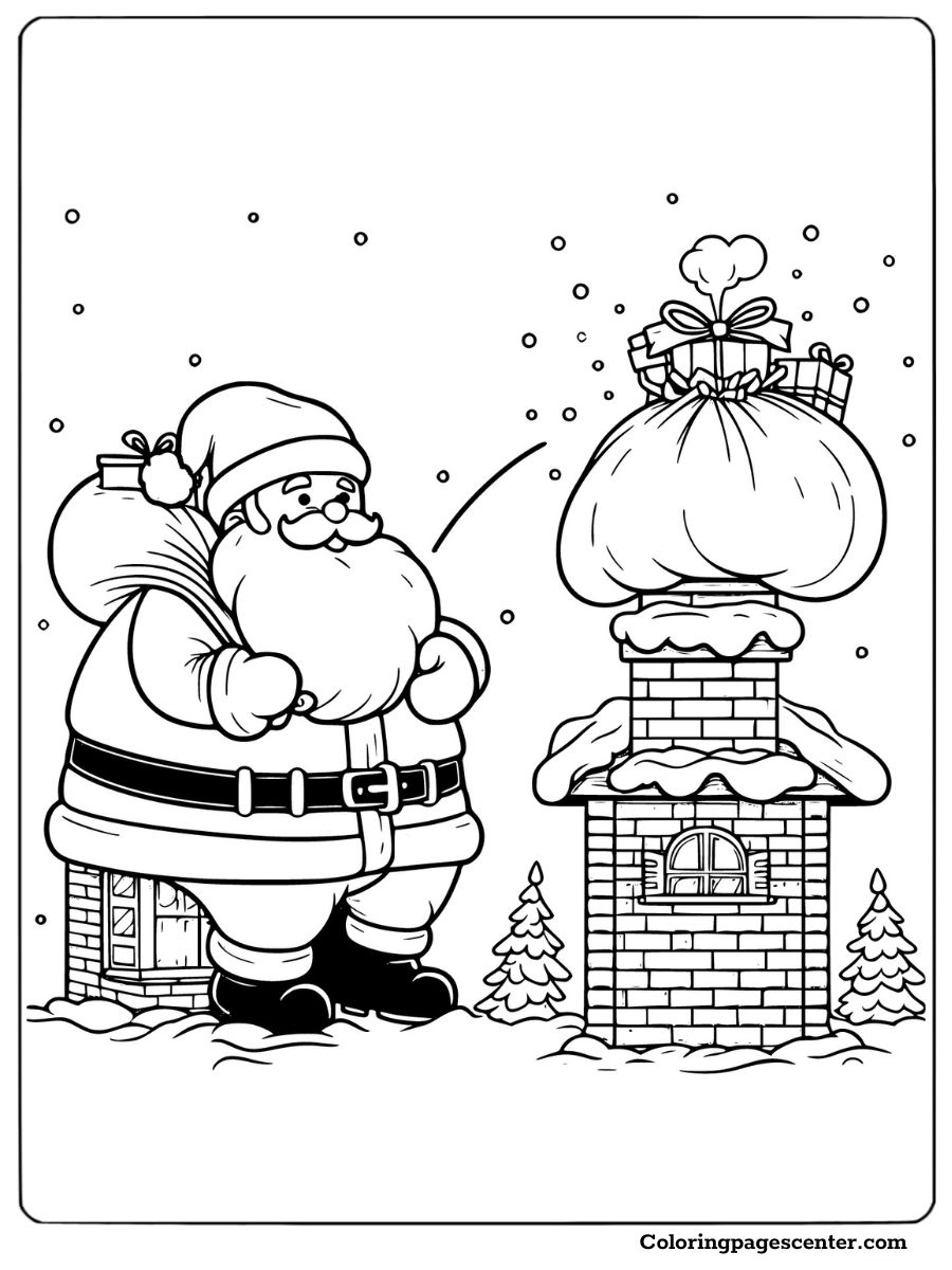 A round Santa ready to climb into a chimney coloring page