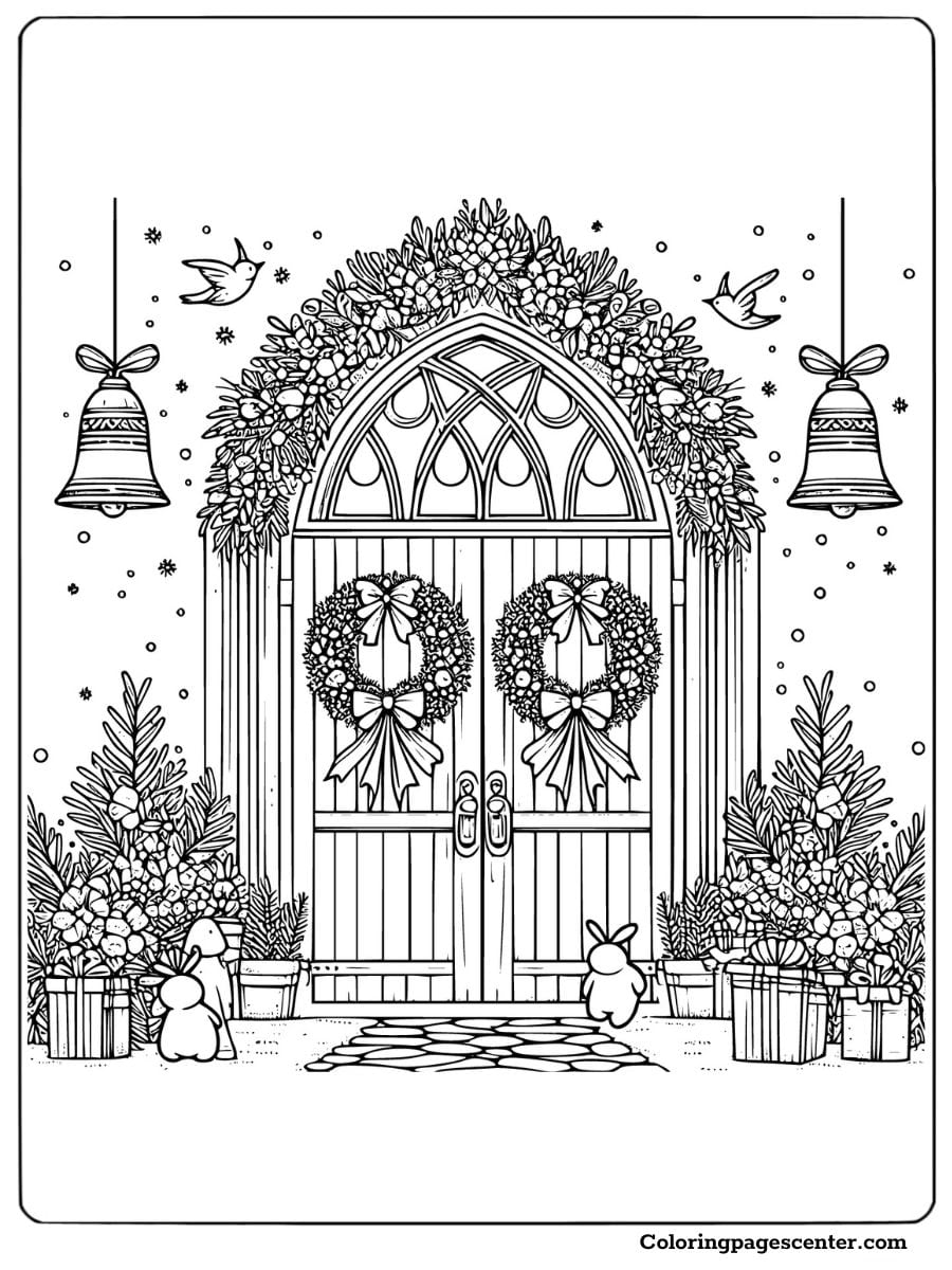 Christmas doorway coloring page with festive wreaths and bells