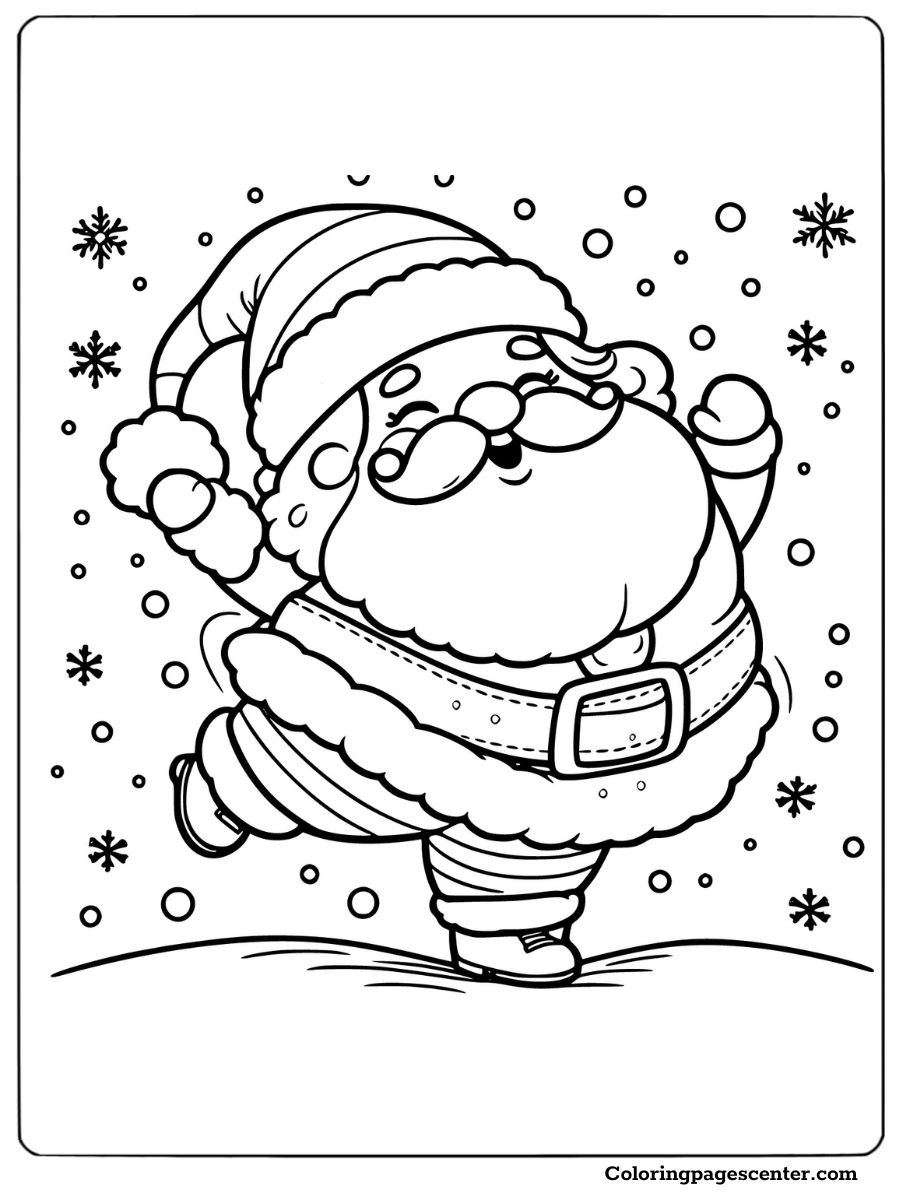 Funny Santa dancing joyfully on a snowy coloring page