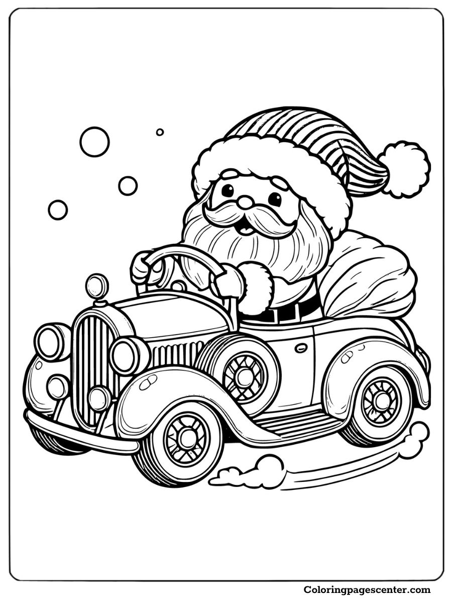 Funny Santa driving a car through snowy streets coloring page