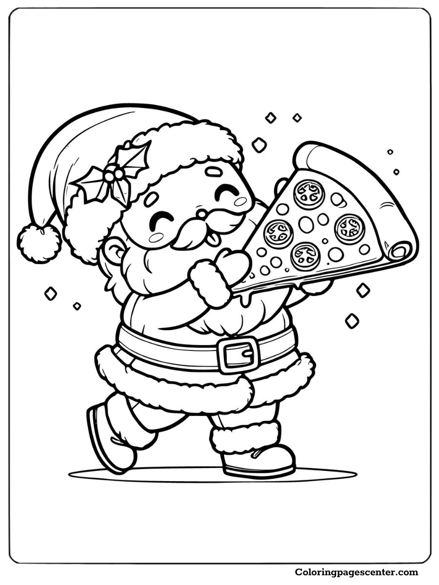 Funny Santa enjoying a pizza slice coloring page