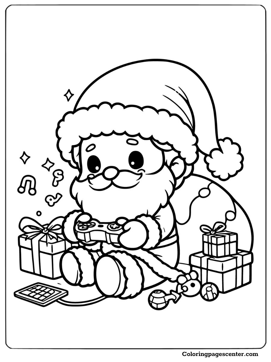 Funny Santa playing video games with presents coloring page