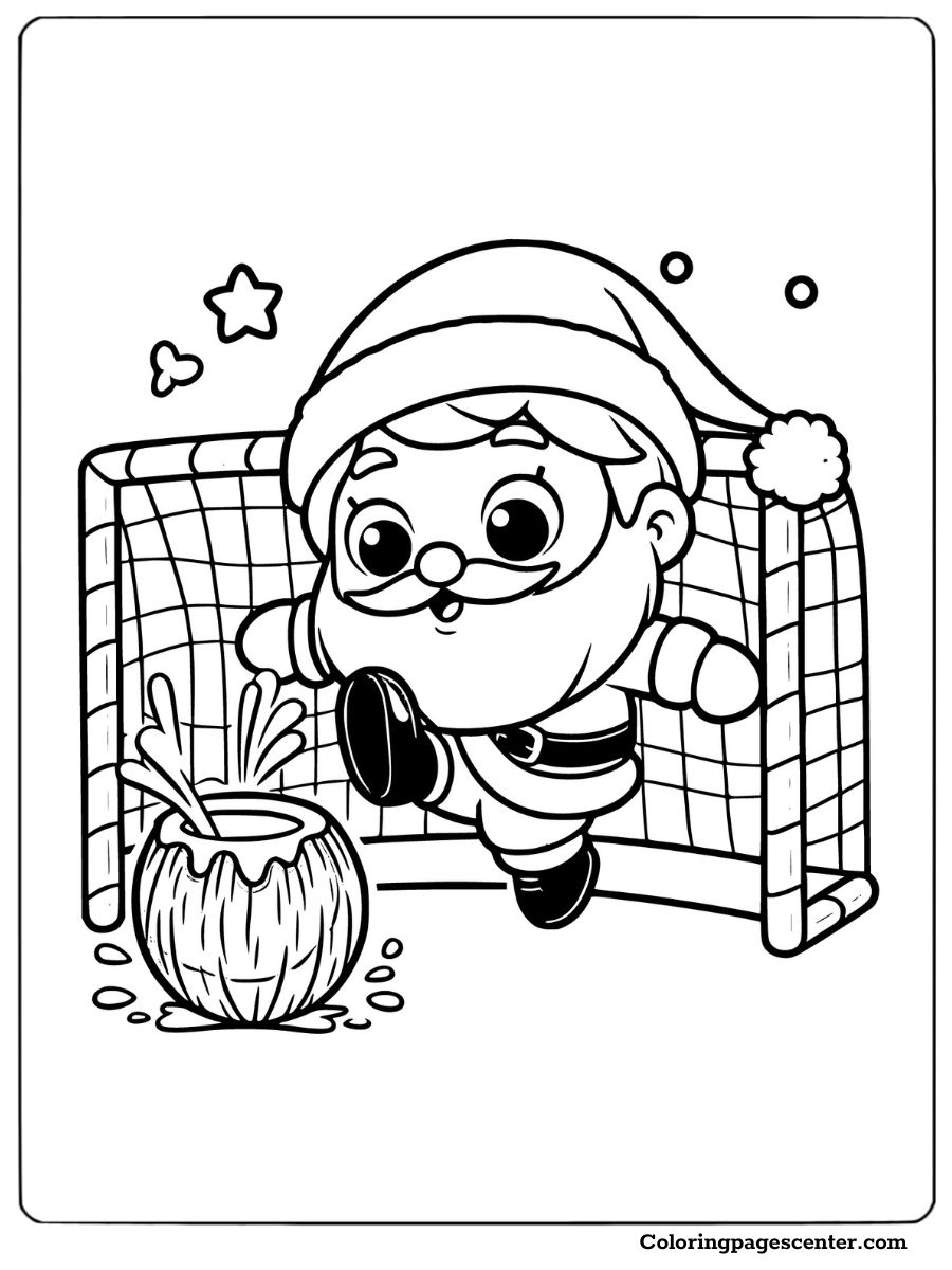 Funny Santa kicking a coconut into the goal coloring page