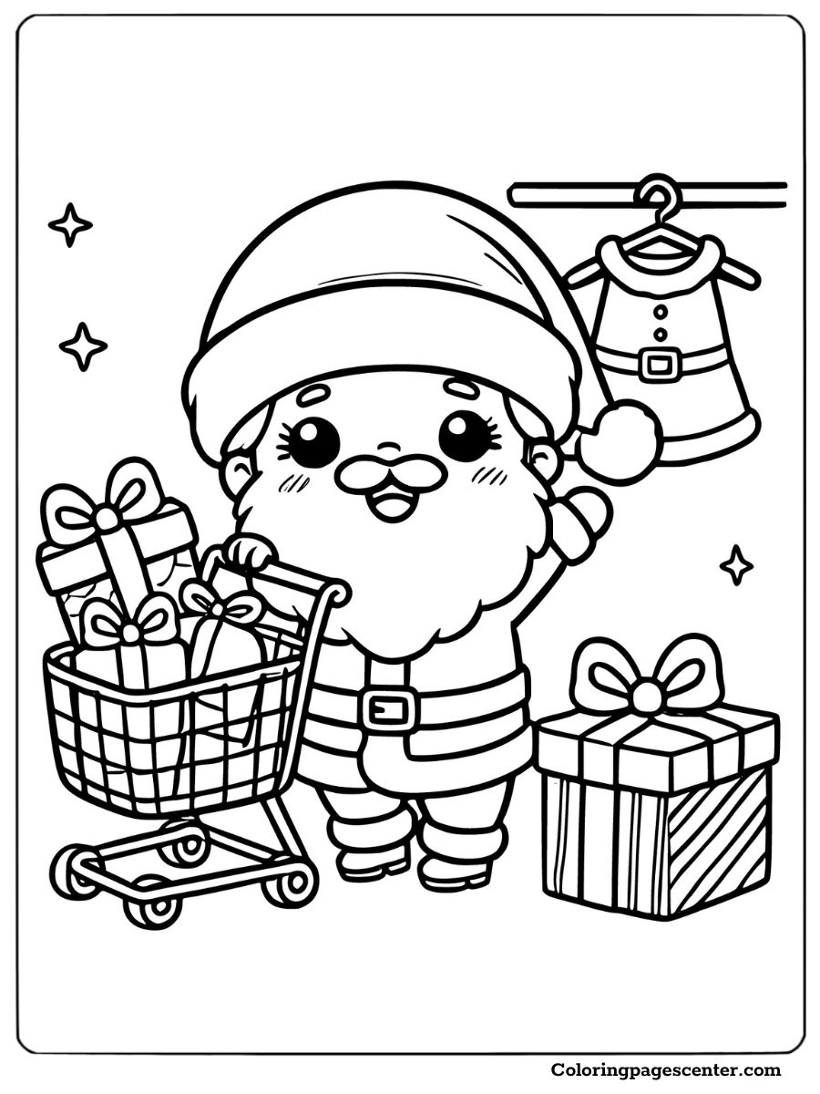 Funny Santa pushing a cart full of gifts coloring page