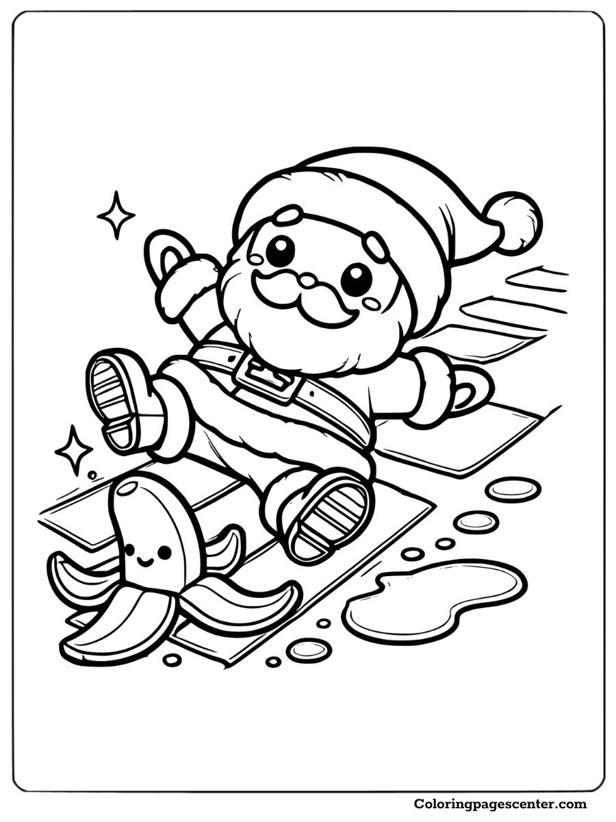 Funny Santa slipping on a banana peel coloring page