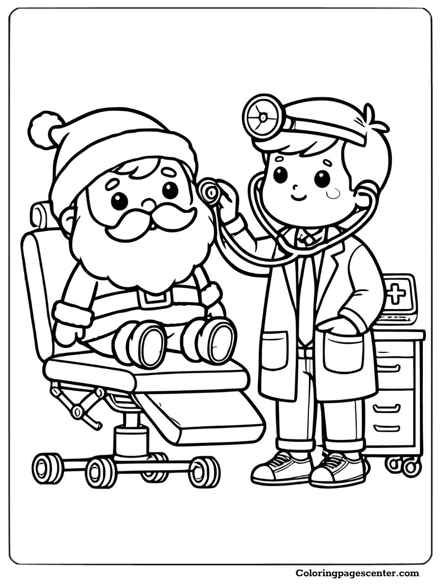 Funny Santa at the doctor’s check-up coloring page