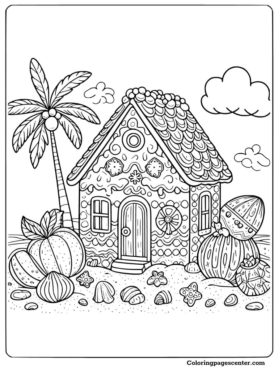 Whimsical gingerbread house Christmas coloring page