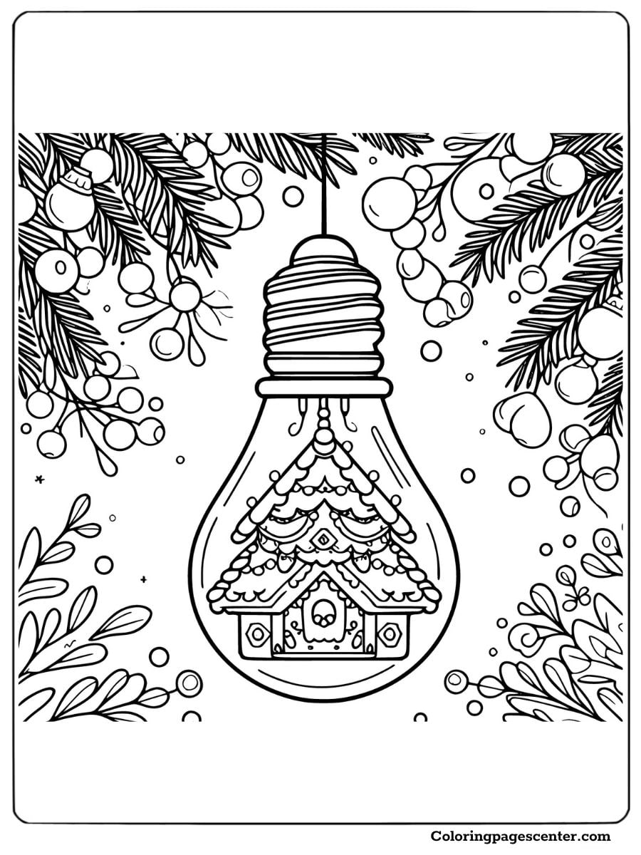 Christmas ornament with gingerbread house coloring page