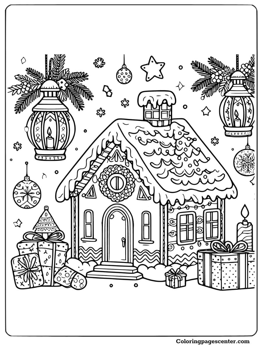 Gingerbread house surrounded by gifts coloring page for Christmas