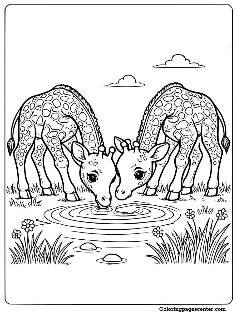 Baby giraffes drinking water at a pond coloring page