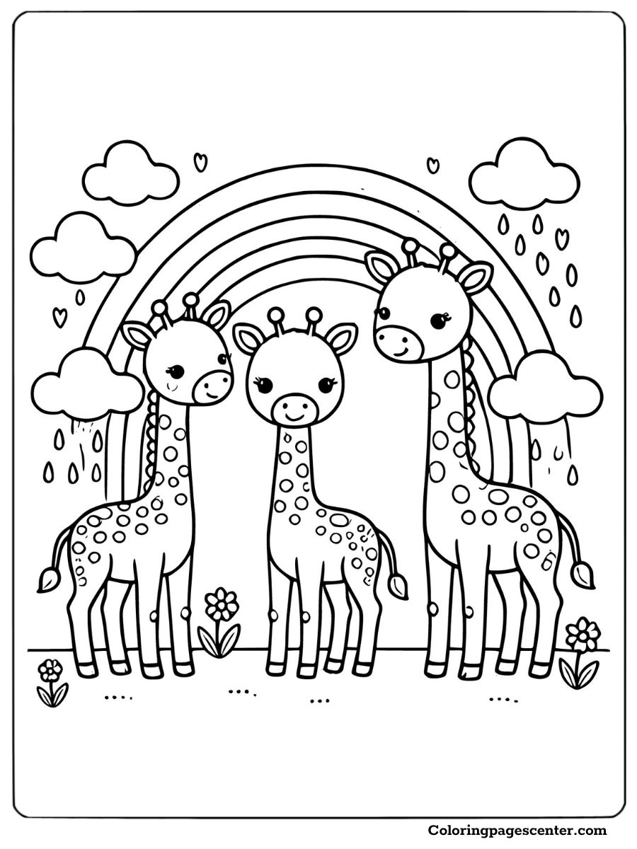 Cute giraffes under a rainbow great for kids coloring page