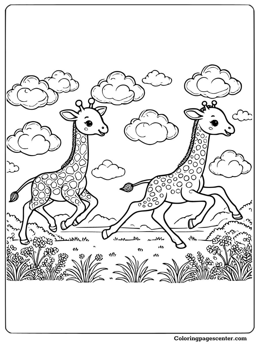 Giraffes running in a grassy field fun coloring page