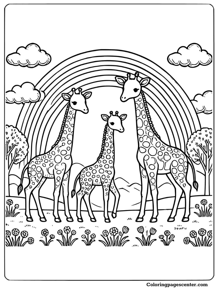 Giraffes under a rainbow with clouds coloring page