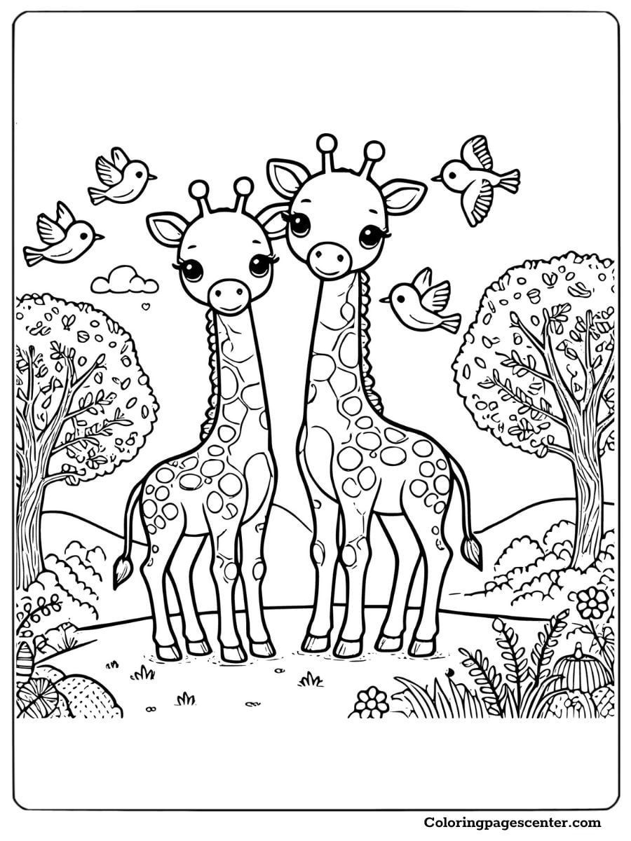 Giraffes with birds in a forest coloring page for children