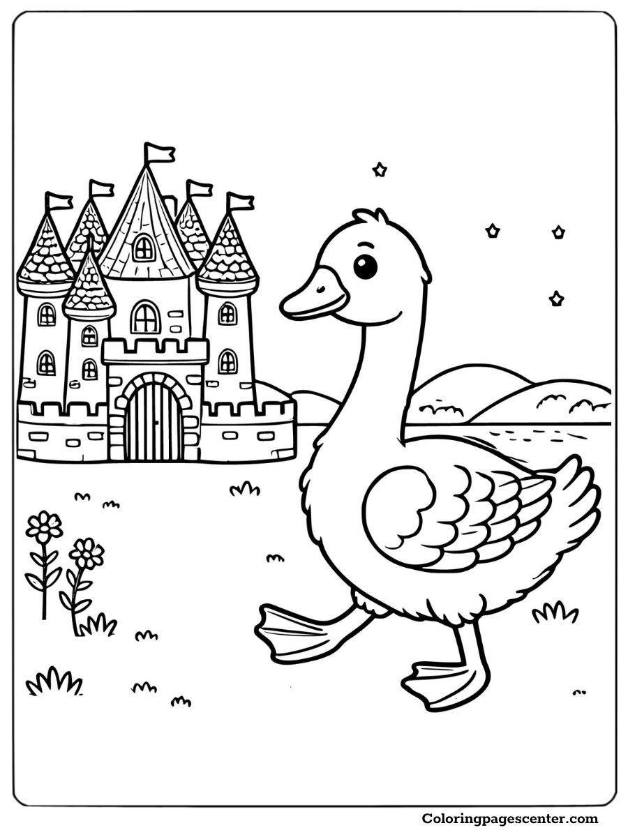 Goose in front of castle for kids coloring page