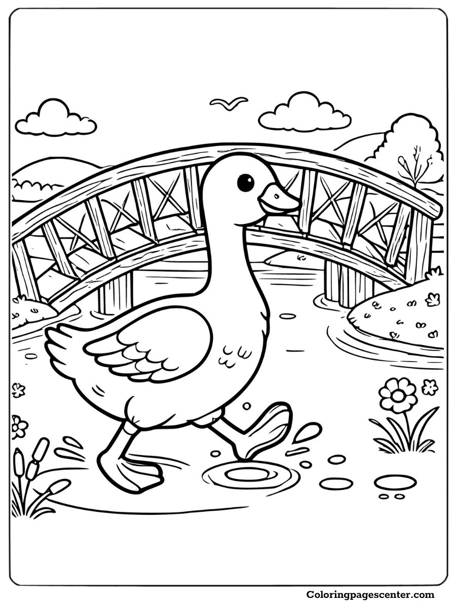 Cheerful goose near bridge coloring page for fun