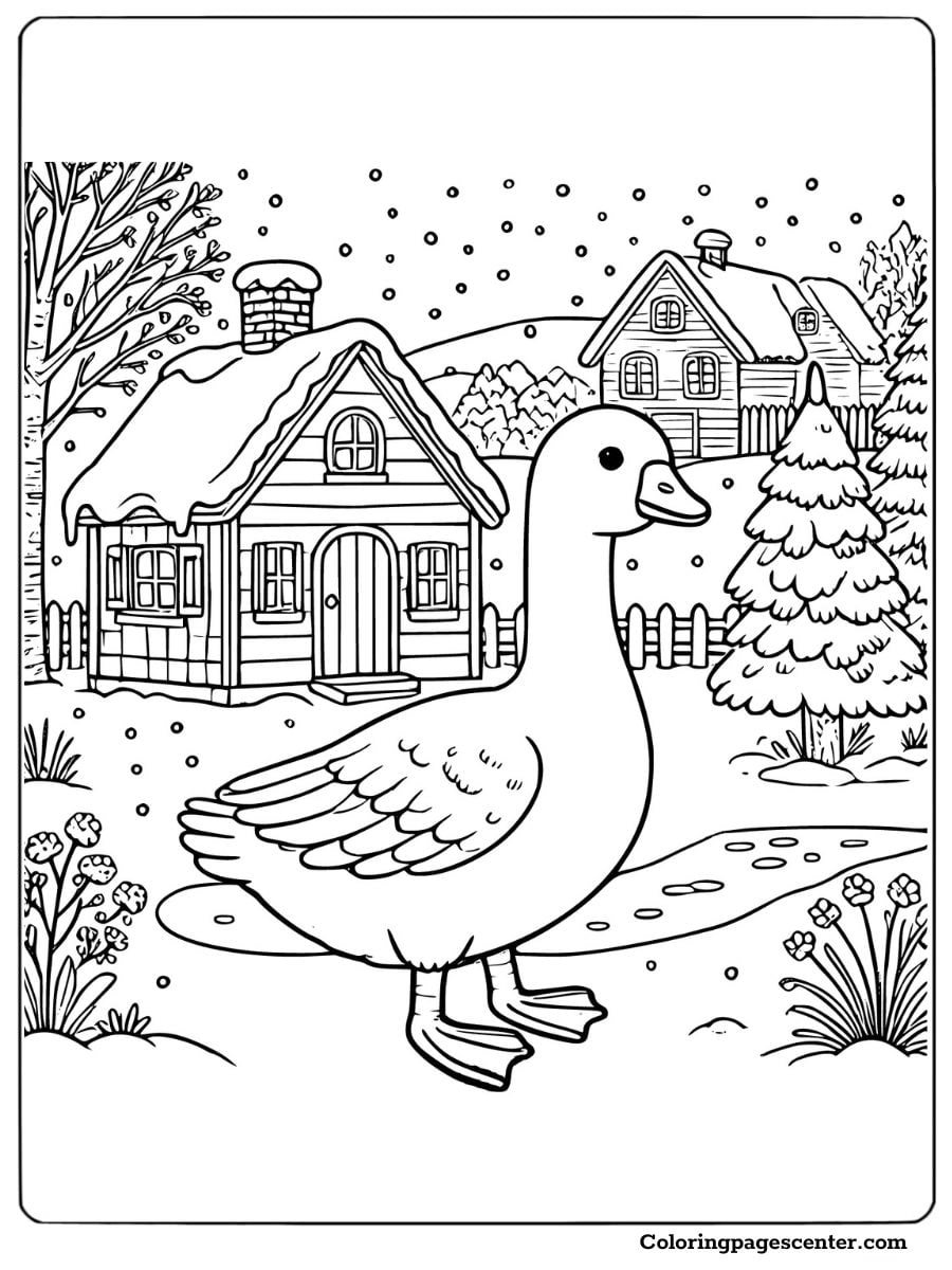 Goose in snowy village scene coloring page