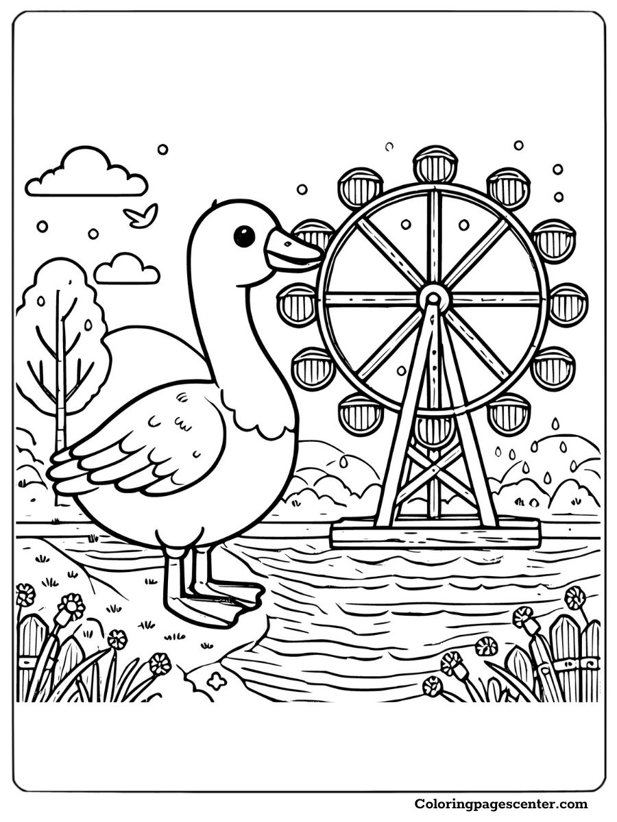 Goose by ferris wheel and water coloring page