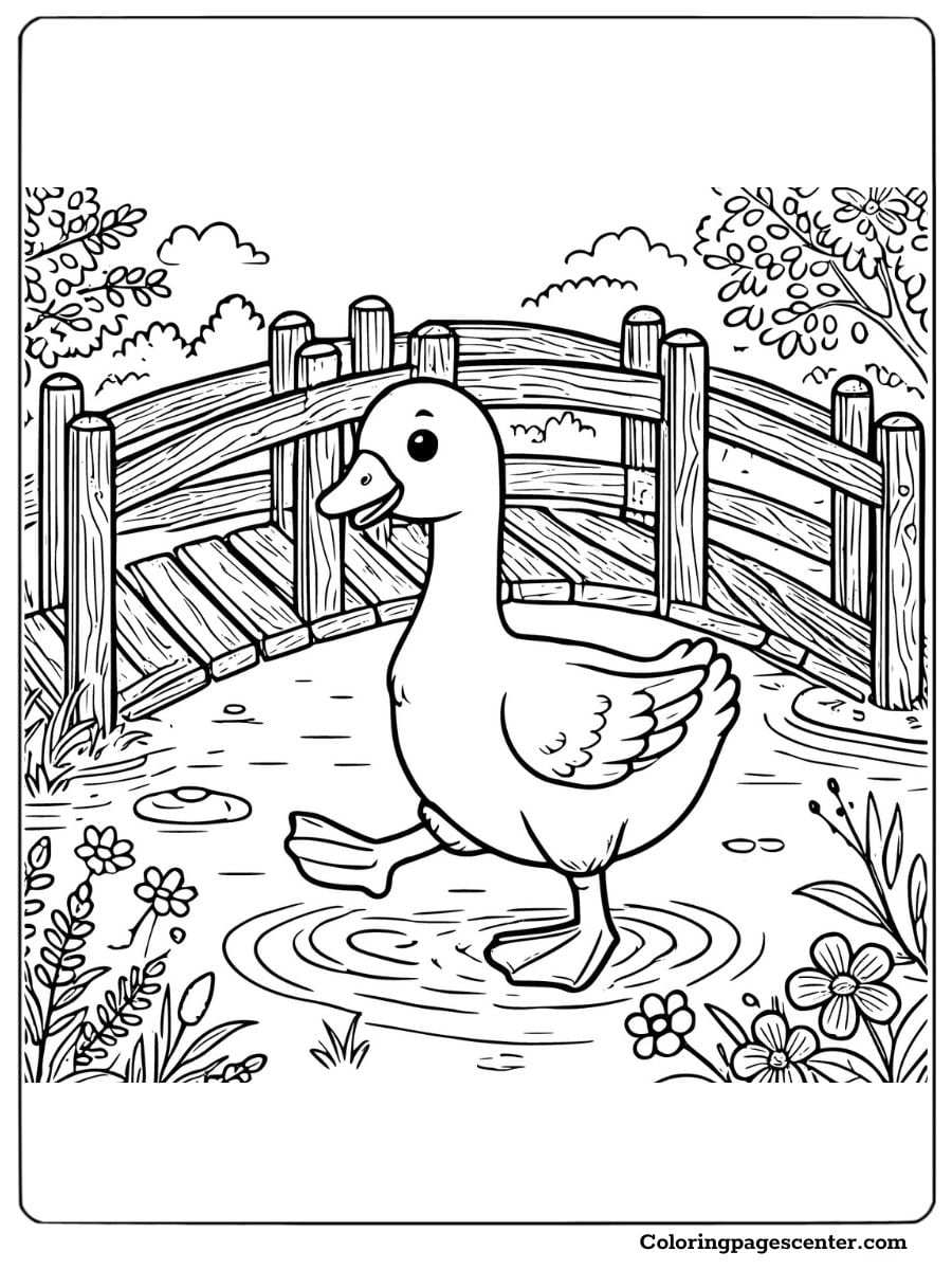 Happy goose on wooden bridge coloring page